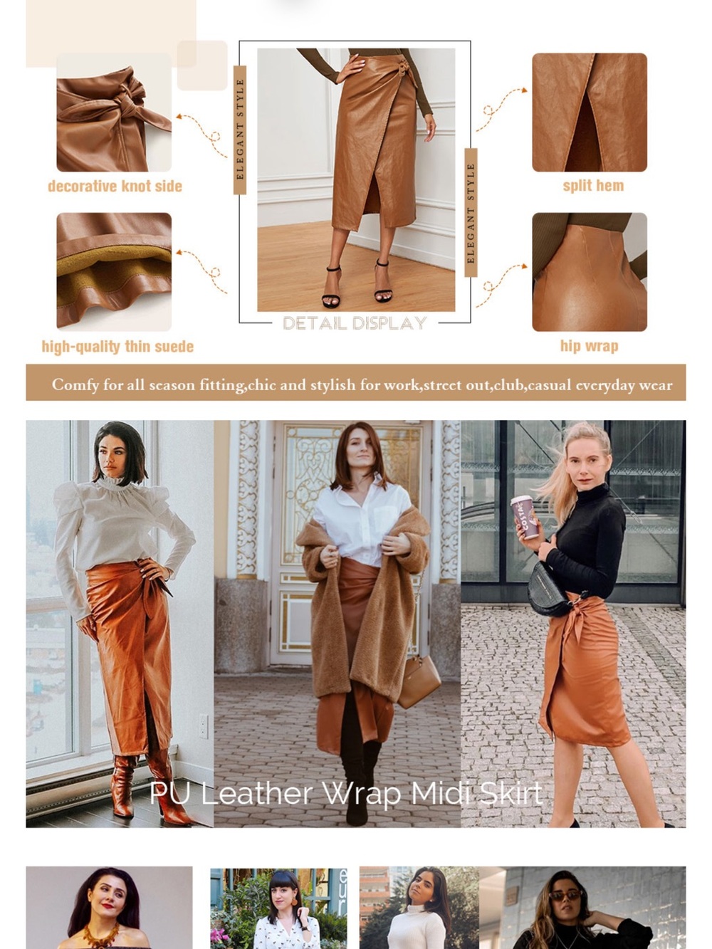 Elegant High Waist Knot Side Wrap PU Leather Midi Skirt - Picture 8 of 10